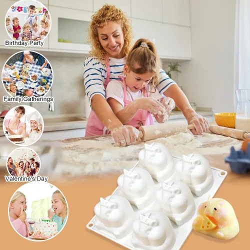 Vista 5 de Molde de silicona 3D para pastel de mousse, molde de silicona con forma de animal de hámster, 6 cavidades, molde de silicona flexible de fácil