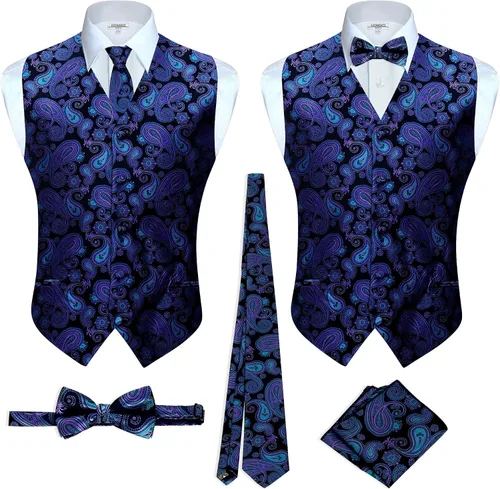Vista 14 de Gioberti Chaleco formal de cachemira de 4 piezas para hombre, corbatín y pañuelo de bolsillo Negro B