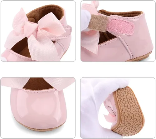 Vista 3 de ESTAMICO Zapatos planos de Mary Jane para niñas pequeñas, suela de goma suave, zapatos de princesa con lazo para cuna, vestido de boda