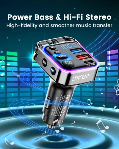 Vista 3 de LENCENT Bluetooth 5.3 Transmisor FM Adaptador de coche 48W (PD30W y QC18W) Fast Charger, Light Switch, HiFi Bass Sound Wireless Radio MP3 Music