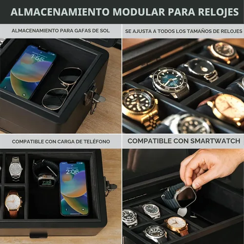 Vista 3 de CASE ELEGANCE Edición Negra Caja Organizadora Militar de 10 Ranuras para Relojes para Hombres, Parte Superior de Cristal Real, Bandeja Modular Negro