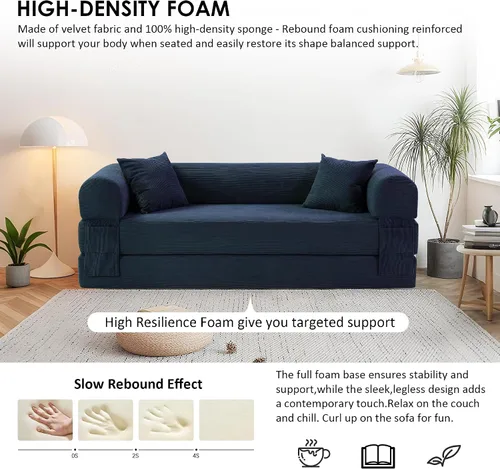 Vista 5 de Sofá cama convertible de 80", sofá plegable extraíble de pana 3 en 1 con almohadas, sofá moderno sin ensamblaje sin estructura con compresión