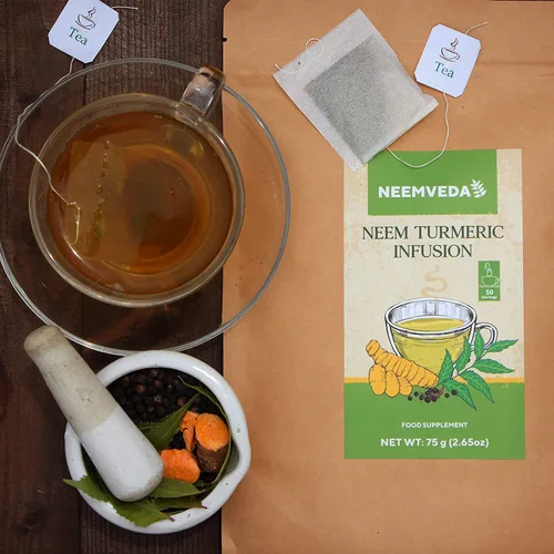 Vista 3 de iqra Neemveda Neem infusión de té de hierbas de cúrcuma con pimienta negra para alta absorción, 50 bolsas de té
