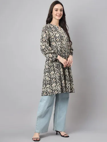 Vista 7 de Janasya Túnica acampanada con estampado floral de algodón negro para mujer india