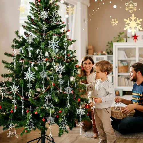 Vista 6 de Eygeufg 18 adornos colgantes de cristal acrílico con forma de copo de nieve y carámbanos, decoraciones tradicionales blancas de Navidad