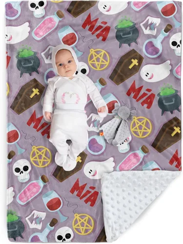 Vista 11 de Manta de Halloween personalizada, diseños de dibujos animados con nombre personalizable, manta de franela de felpa suave con respaldo punteado