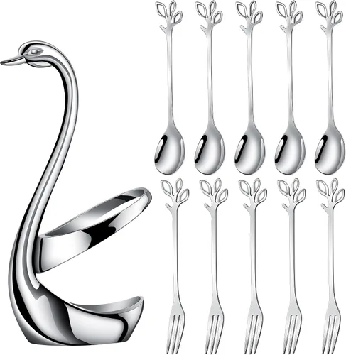 Vista 16 de AnSaw Juego de 10 mini cucharas y tenedores negros de 4.7 pulgadas, acero inoxidable, mango de hoja, ideal para café, té, aperitivos, degustaciones
