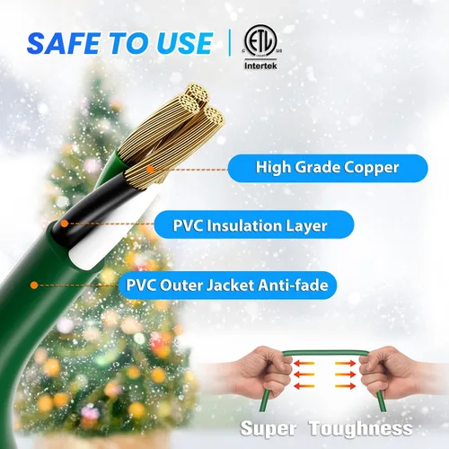 Vista 3 de K KASONIC - Cable de extensión de luces navideñas para exteriores de 46 pies con múltiples tomas, cable eléctrico resistente con certificación ETL