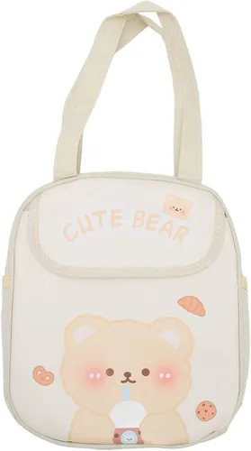 Vista 5 de TOPINCN Lonchera gruesa de gran capacidad, bonitas bolsas de almuerzo con patrón de dibujos animados con asa para picnic (oso de té con leche beige)