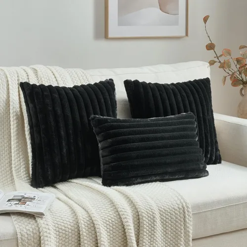 Vista 4 de FUTEI Pack of 2 Faux Fur Throw Pillow Covers 12x20 Inch, Black Negro