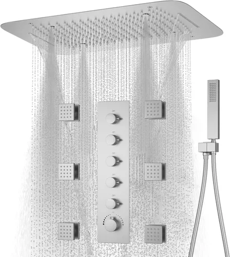 Vista 10 de Sistema de ducha dorado cepillado con cabezal de ducha grande de 16 x 24 pulgadas, cabezal de ducha de triple función, cascada de lluvia, juego
