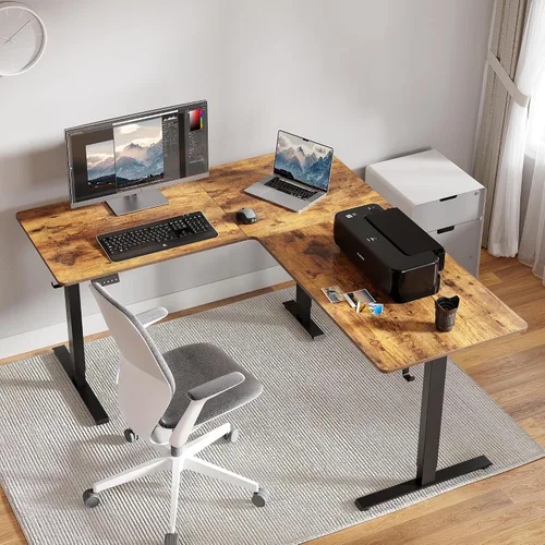 Vista 2 de FEZIBO Escritorio de pie en forma de L de 63 pulgadas, escritorio de esquina ajustable en forma de L, escritorio ajustable en forma de L con tablero