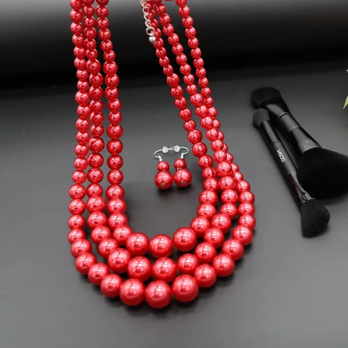 Vista 3 de We We Collar de perlas sintéticas de tres capas para mujer, collar de perlas de múltiples hebras, juego de aretes de perlas de los años 20, joyería