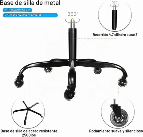 Vista 5 de Frassie Silla de oficina de 28 pulgadas, base de metal, repuesto para silla de computadora resistente, parte de base con 5 ruedas, 1 cilindro
