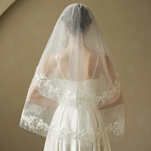 Vista 2 de EllieWely 2 T - Velo de novia de tul con purpurina y encaje de perlas para boda