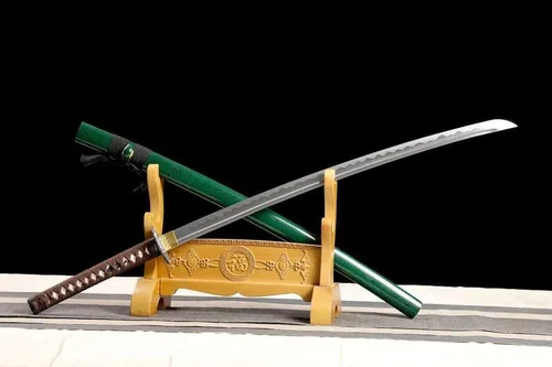 Vista 3 de Katana verde hecha a mano, espada samurái japonesa 1095 de arcilla de acero templada, hoja de afeitar de espiga completa, afilada, regalos para él