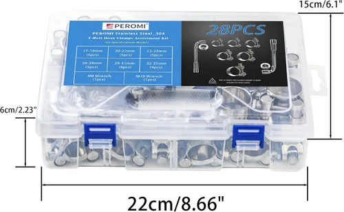 Vista 6 de Abrazaderas de manguera con perno en T, PEROMI - Juego de 28 abrazaderas de manguera de 6 tamaños resistentes para radiador - Rango