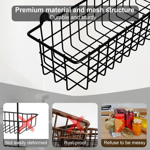 Vista 4 de Organizador de especias para montaje en pared, paquete de 2 cestas de almacenamiento de alambre negro para pared o puerta de gabinete en cocina