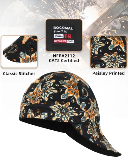 Vista 5 de BOCOMAL Gorro de Soldadura Resistente al Fuego CAT2 de Peso Medio con Estampado, Gorras de Soldador de 6 Paneles - Juego de 2