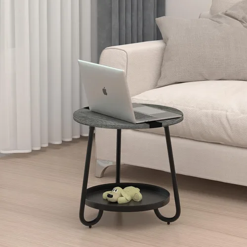 Vista 5 de Mesa de centro de 2 niveles para sala de estar, mesa de centro redonda de estilo industrial con bandeja de metal, mesa de centro pequeña de madera