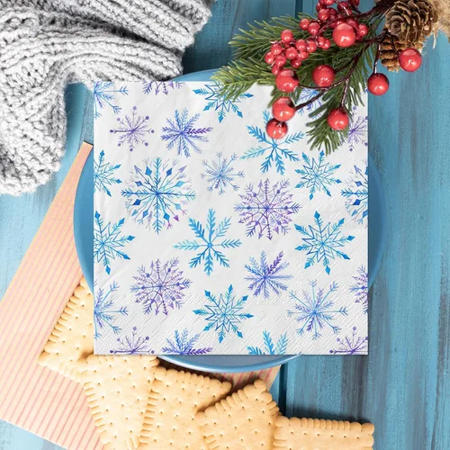 Vista 5 de 80 servilletas de papel de Navidad desechables con copos de nieve azules y morados, servilletas de cena de acuarela de invierno para Navidad