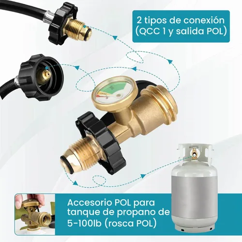 Vista 3 de Adaptador de Tanque de Propano de 100 lb, Medidor de Propano para Tanque de Propano de 100 lb, Adaptador de Tanque de Propano Pol a Qcc1 de Ajuste 1