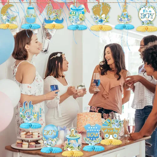 Vista 7 de Tarklanda 12 centros de mesa de nido de abeja para baby shower, decoración de fiesta para niños, diseño floral azul dorado con texto en inglés "It's