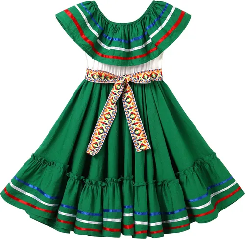 Vista 13 de IBTOM CASTLE Vestido mexicano para niñas, vestido folklórico tradicional con cinturón Rojo