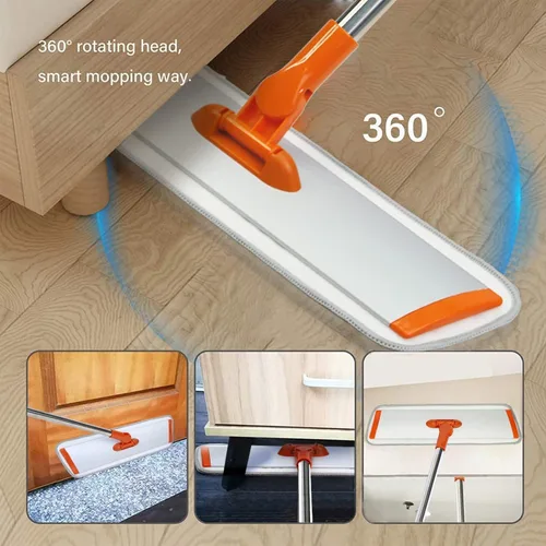 Vista 4 de Trapeador plano de microfibra húmedo-seco con mango ajustable de acero inoxidable de 51 pulgadas, 4 almohadillas reutilizables para trapear húmedo