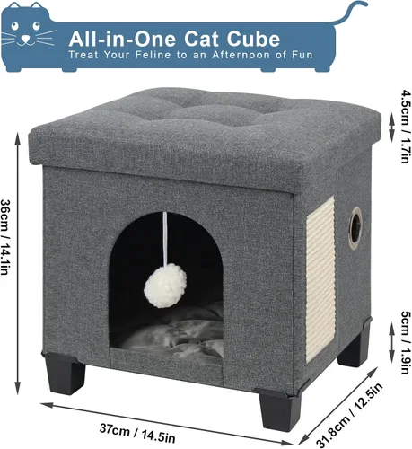 Vista 2 de BRIAN & DANY Casa plegable para gatos, cueva para gatos, cubo para gatos con tablero de rascar y bola, 14.7 x 14.1 x 12.7 pulgadas, gris