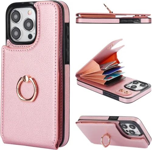 Vista 12 de Folosu Funda compatible con iPhone 15 Pro Max con soporte para tarjetas, rotación de 360°, soporte de anillo de dedo con función atril, bloqueo Negro