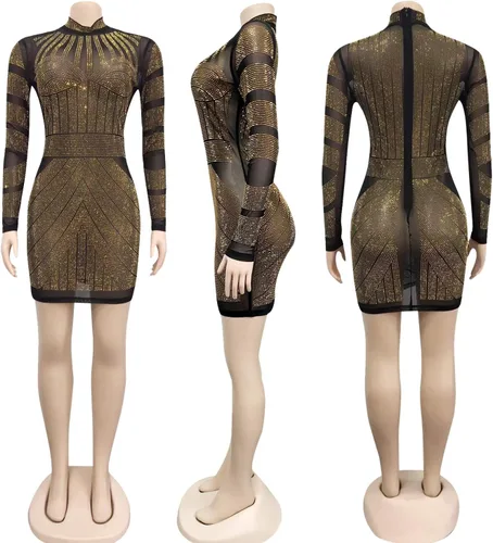 Vista 5 de PORRCEY Vestido sexy de malla de manga larga para mujer, con diamantes de imitación, para fiesta, club, noche, para mujer