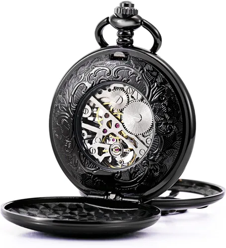 Vista 4 de Reloj de bolsillo para hombre y mujer con esfera de números romanos y doble cubierta de Treweto Negro