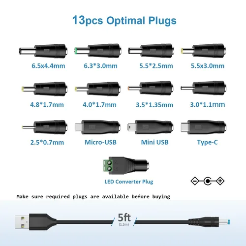 Vista 4 de Powseed Cable de alimentación universal de 5 V, cable de carga USB a CC con 13 enchufes adaptadores para enrutador de cámara web, grabadora, altavoz