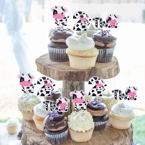 Vista 4 de Rsstarxi Paquete de 36 adornos para cupcakes con diseño de vaca, dos decoraciones para cupcakes de animales de granja con zoom de 2º cumpleaños