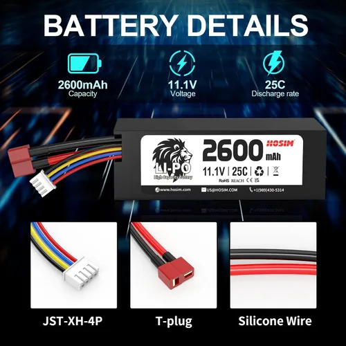 Vista 4 de Hosim Batería Lipo 3S 11.1V 2600mAh 25C RC Car Lipo Baterías Hard Case T-Plug Li-po Batería para 1/8 1/10 1/14 Escala de Alta Velocidad Vehículos RC