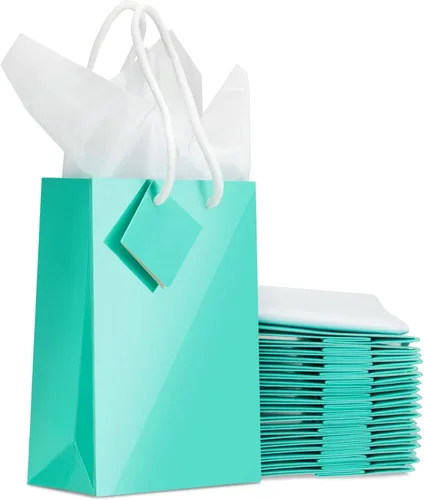 Vista 8 de BLUE PANDA Paquete de 20 bolsas de regalo pequeñas de papel con asas, bolsas de regalo de 5.5 x 2.5 x 7.9 pulgadas con 20 hojas de papel de seda