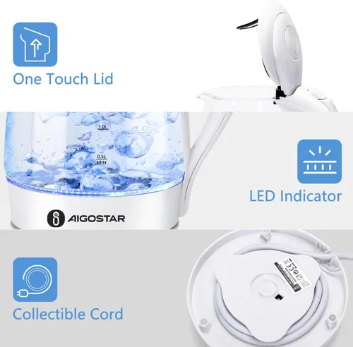 Vista 3 de Aigostar - Hervidor eléctrico de 1500 W, tetera de vidrio para té con calentamiento rápido, vidrio de borosilicato, apagado automático y protección