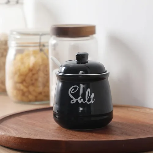 Vista 8 de Cuenco de sal de porcelana con tapa y cuchara de 12 onzas, fácil de limpiar (negro)