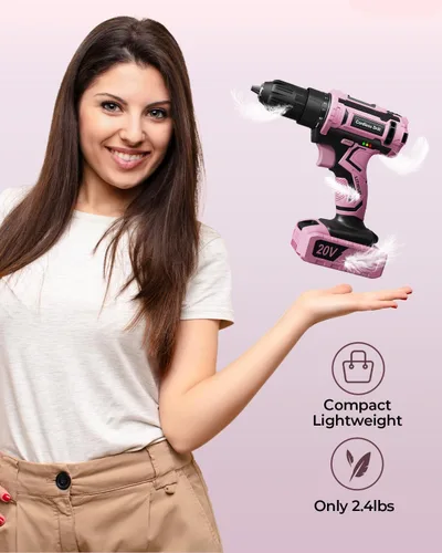 Vista 2 de Juego de taladro inalámbrico rosa, taladro eléctrico de 20 V para mujer, destornillador eléctrico ligero con paquete de energía y cargador
