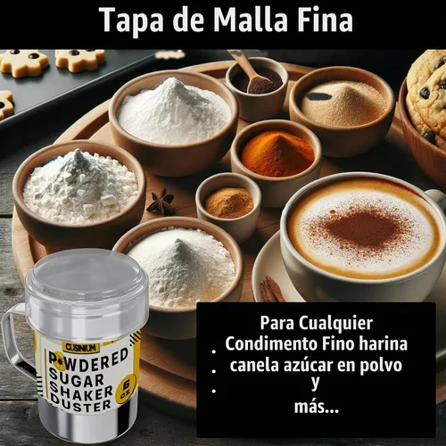 Vista 3 de CUSINIUM Mini agitador de azúcar en polvo de 6 onzas con asa, malla fina, con tapa de plástico, paquete de 2