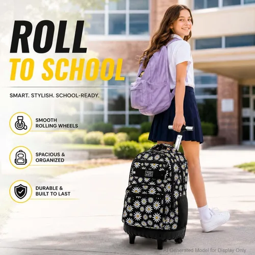 Vista 3 de Mochila con ruedas para mujeres, niñas, mochila escolar Crisantemo Negro