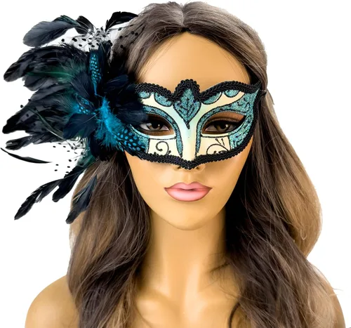 Vista 5 de Elegante máscara de plumas para mascarada, Mardi Gras, máscaras burlesque para mujer, disfraz de plumas, máscaras venecianas