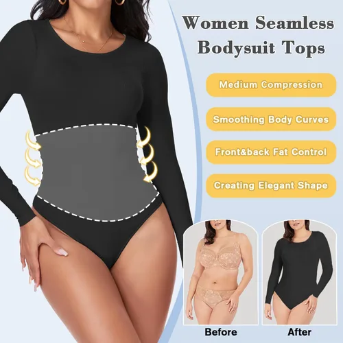 Vista 5 de Body moldeador para mujer, con control de abdomen, manga larga, cuello redondo, tanga, sin costuras, sexy, trajes corporales