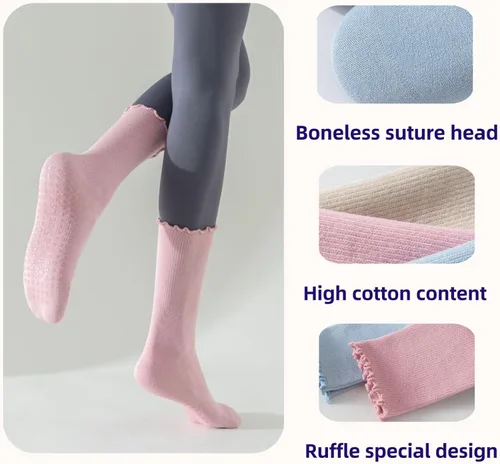 Vista 2 de 4 Pairs Pilates Socks with Grips for Women Non Slip Ruffle Yoga Socks
