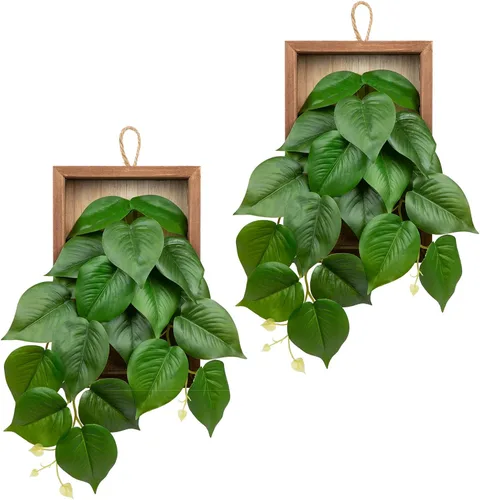 Vista 8 de Plantas colgantes artificiales con marco de madera, paquete de 2 hojas de Monstera