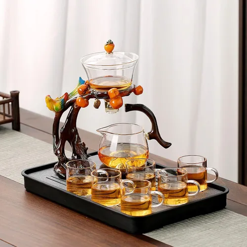 Vista 6 de Zurucily Juego de tetera de cristal Kungfu con infusor Juego de té semiautomático (naranja pájaro)