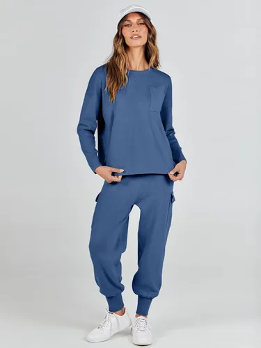Vista 2 de ANRABESS Conjuntos de dos piezas para mujer, conjuntos de suéter de punto de manga larga, sin botones, pantalones cargo para correr, conjuntos a
