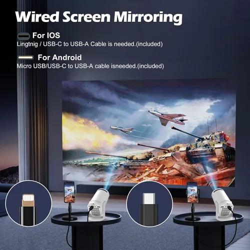 Vista 5 de Mini proyector inalámbrico con WIFI 6 y Bluetooth, soporte 4K 1080P Proyector portátil giratorio de 180°. Proyector de video de pantalla