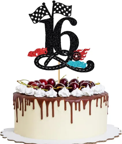 Vista 10 de Decoración para tartas de cumpleaños número 13, decoración para tartas de trece años con purpurina rápida, bandera a cuadros, pista de carreras
